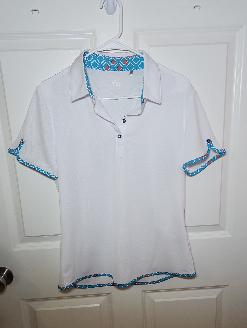 n:vo White Polo Top with Blue and Coral Geometric Trim